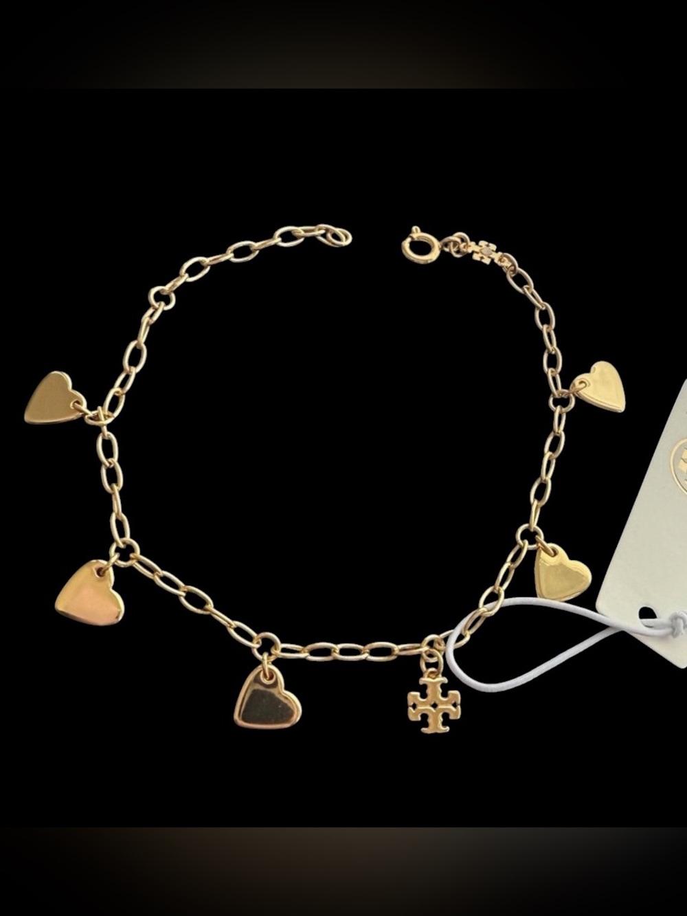 Tory Burch Gold Heart Charm Bracelet with Logo Charm